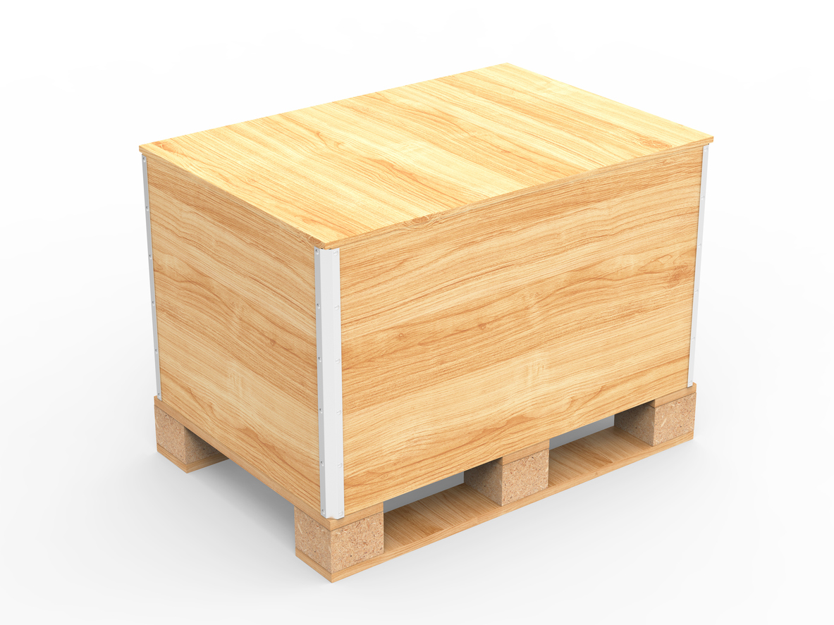 Blank heavy duty shipment wooden box mockup, 3d render illustration.